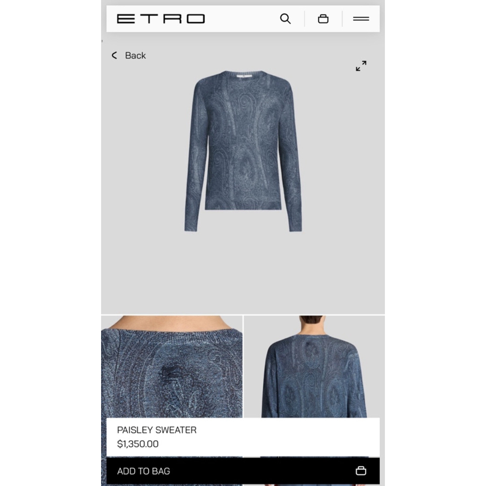 NWOT Men's Etro Blue Paisley Sweater Size L